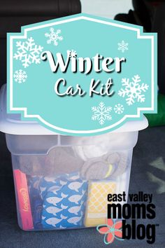 the winter car kit is packed in a plastic container with snowflakes on it