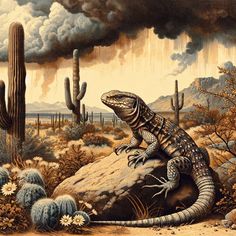 a painting of a lizard sitting on top of a rock in front of cacti