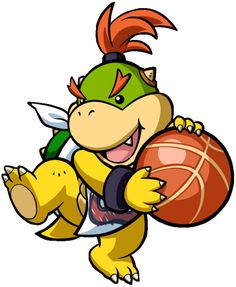 an orange and blue cartoon character holding a basketball