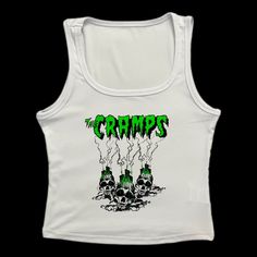 * Sublimated green psychobilly horror punk band cropped tank top * Mannequin is wearing size M * Mannequin measurements:    * Bust: 35" (C cup)    * Waist: 26"    * Hip: 40" * Soft, breathable, and stretchy material * For a looser fit, size up * Please note that all items are Made to Order & there may be slight variations in appearance Y2k Style Cotton Tank Top For Festivals, Y2k Sleeveless Top For Music Festival, Y2k Style Tank Top For Concerts, Green Summer Concert Tops, Green Summer Concert Top, Green Summer Top For Concerts, Fitted Punk Tank Top With Graphic Print, Edgy Skull Print Sleeveless Tank Top, Y2k Fitted Tank Top For Music Festival