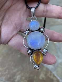 "Handmade, gorgeous, multi-gemstone, one-of-a-kind piece necklace,antique silver plated sterling silver over copper, genuine moonstone and honey topaz, big pendant necklace, 18\" leather chain. Pendant: 2.25\" (2.75\" including bail) X1.25\"" Big Pendant Necklace, Crescent Ring, Moonstone Pendant Necklace, Rainbow Moonstone Pendant, Lapis Lazuli Pendant, Topaz Necklace, Victorian Rings, Moonstone Pendant, Leather Chain