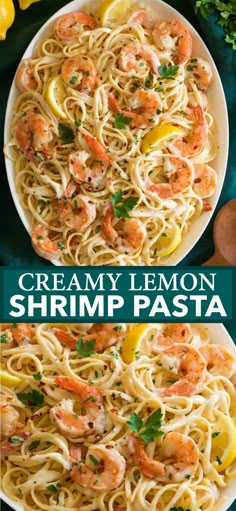 creamy lemon shrimp pasta in a white bowl