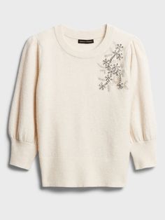 Embellished Puff-Sleeve Sweater | Banana Republic Styles For Living Room, Princess Wardrobe, Camp Fire Girls, Pearl Sweater, Scotland Trip, Snowflake Embroidery, Holiday 2024, Embellished Sweater, Embellished Shirt