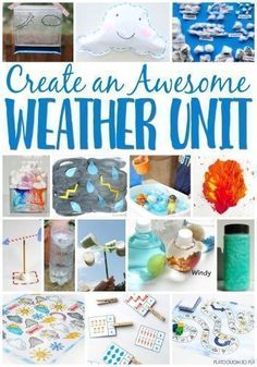 a collage of photos with the words create an awesome weather unit in blue and white