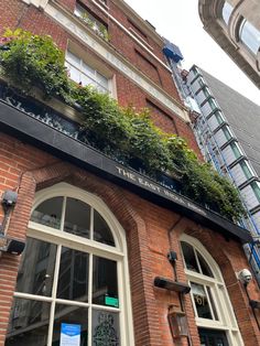 a tall brick building with lots of windows and plants growing on the top of it