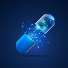 an illustration of a blue pill bottle with stars coming out of it on a dark background