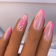 Pink Short Almond Nails, Nails Pink And Orange, Nails Bright, Nail Beds, French Flowers, Damaged Nails, Nails Colors, Cute Gel Nails