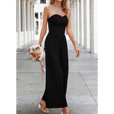 Black Smocked Tube Wide Leg Casual Jumpsuit Black Jumpsuits And Rompers With Smocked Back For Spring, Black Smocked Bodice Jumpsuits And Rompers For Spring, Black Smocked Bodice Jumpsuit For Spring, Spring Black Jumpsuit With Smocked Back, Black Strapless High-waisted Jumpsuit For Evening, Casual Strapless Wide-leg Jumpsuit With Stretch, Black Sleeveless Jumpsuits With Smocked Back, Chic Black Strapless Wide-leg Jumpsuit, Casual Black Off-shoulder Jumpsuit