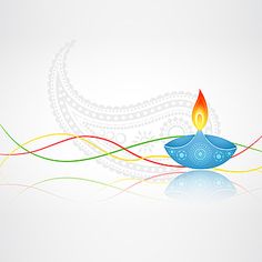 a blue diya with colorful swirls and a lit candle on the side, in front of a white background