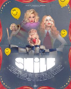 a movie poster for the film smile with two clowns and smiley faces on it