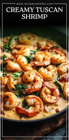 creamy tuscann shrimp with spinach in a skillet