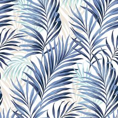 a blue and white wallpaper with palm leaves