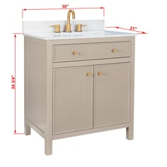 an image of a bathroom vanity with two faucets on the sink and measurements