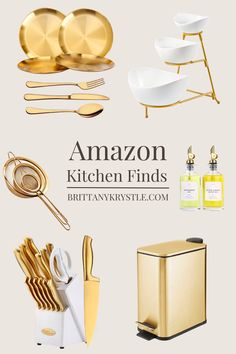 an assortment of kitchen items with the words amazon kitchen finds written above it in gold