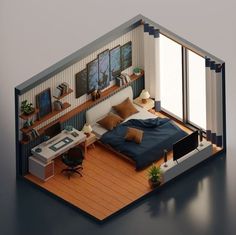 an open room with a bed, desk and computer on the floor next to a window