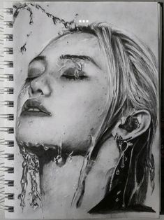 a drawing of a woman's face with her eyes closed and water dripping from her mouth