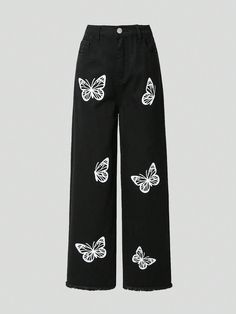 Black  Collar  Denim Butterfly Straight Leg Embellished Non-Stretch  Tween Girls Clothing Casual Black Flare Jeans For Summer, Black Cotton Flare Jeans For Summer, Black Straight Leg Jeans For Summer, Black Non-stretch Cotton Flare Jeans, Jeans For Girls Style, Butterfly Outfit, Denim Butterfly, Butterfly Jeans, Pretty Jeans