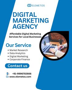 an advertisement for digital marketing agency with a person working on a laptop and holding a pen