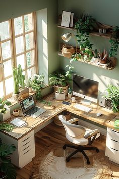 a home office with lots of plants on the desk and in front of a window