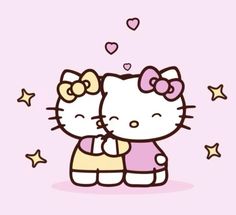 two hello kitty standing next to each other on a pink background with hearts and stars