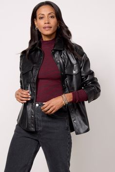 This faux leather shirt by EVEREVE will add the perfect edge to your wardrobe, featuring a collared neckline, front snap closure, and chest pockets. Wear it snapped up with denim, or leave it open with a long sleeve tee. | EVEREVE Women's Arli Faux Leather Shirt, Size XS, Black Faux Leather Shirt, Leather Shirt, Long Sleeve Tee, Large Black, Chest Pocket, Snap Closure, Black Shirt, Long Sleeve Tees, Faux Leather