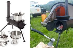 an outdoor stove with pots, pans and utensils