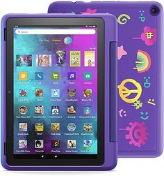 an image of a purple tablet with colorful designs on the front and back cover for children