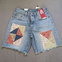 New With Tags. Long Shorts, 100% Cotton Rigid Denim. Mid Rise Button Fly Patchwork Denim Jeans, Patchwork Denim, Denim Jean Shorts, Levi's 501, Denim Patchwork, Levi Shorts, Levis 501, Long Shorts, Denim Jean