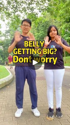 a man and woman standing next to each other with the words belly getting big? don't worry