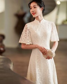 Long Cheongsam Dress Daily White Lace Dress - Weqipao Elegant Ao Dai With Lace Sleeves For Wedding, Elegant Wedding Ao Dai With Lace Sleeves, Elegant Long Dress With Lace Patchwork, Elegant Ao Dai With Stand Collar For Ceremony, Elegant Dresses With Stand Collar For Ceremonies, Elegant Ao Dai With Lace Sleeves For Ceremony, Elegant Ceremony Dress With Stand Collar, Elegant Spring Ceremony Cheongsam, Long Dresses For Tea Ceremony