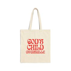 a tote bag with the words god's child in red letters on it