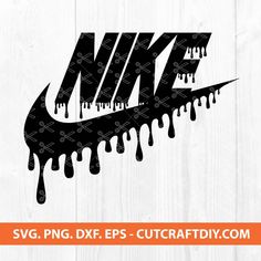 the nike logo is dripping in black and white on a wooden background with an orange border