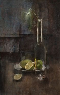 a painting of limes and a bottle on a table with a plant in it