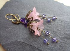 Pink flower earrings bronze bell flower dangle earrings with stamens elf fairy jewelry gift for women Christmas gift Butterfly Engagement Ring, Purple Flower Necklace, White Flower Earrings, Cottagecore Earrings, Lucite Flower Earrings, Pink Flower Earrings, Earrings Bronze, Elf Fairy, White Flower Earring