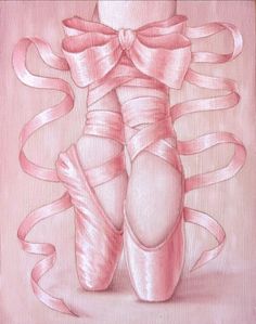 a drawing of a ballerina's feet with pink ribbon