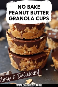 no bake peanut butter granola cups stacked on top of each other with text overlay