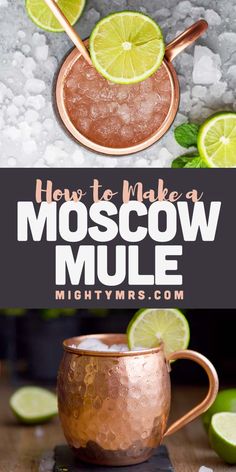 moscow mule with limes and mint on the side, in a copper mug next to it