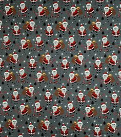 a christmas themed fabric with santa clauss and snowflakes on grey background,