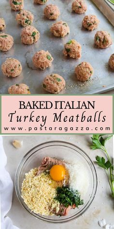 Baked Italian Turkey Meatballs on a baking sheet. Spaghetti Turkey Meatballs, Baked Italian Turkey Meatballs, Italian Turkey Meatballs Recipe, Turkey Meatballs In Oven, Turkey Meatball Pasta Recipe, Ground Turkey Italian Meatballs, Kids Turkey Meatballs, Juicy Turkey Meatballs, Ground Turkey Meatballs Baked