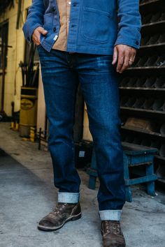 Japanese Denim. American Built. Fitted Selvedge Washed Blue Jeans, Washed Blue Selvedge Rigid Denim Bottoms, Blue Selvedge Jeans In Rigid Denim, Blue Selvedge Rigid Denim Jeans, Relaxed Fit Washed Blue Selvedge Jeans, Selvedge Denim Jeans With Standard Cut Leg, Washed Blue Selvedge Denim Bottoms, Standard Cut Leg Denim Jeans, Urban Dark Wash Selvedge Jeans