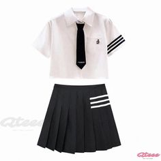 Qteee - Chic Two-Piece Set: Pocketed Tie T-Shirt with High-Waisted Pleated Skirt White School Uniform Sets, White Short Sleeve School Sets, White Short Sleeve School Uniform Top, Fitted T-shirt For School And Summer, Tie T Shirt, Tied T Shirt, High Waisted Pleated Skirt, Two Piece Sets, Pleated Skirt