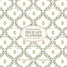 delicate flowers pattern in green and yellow colors on white background with text that reads seamless pattern delicate flowers