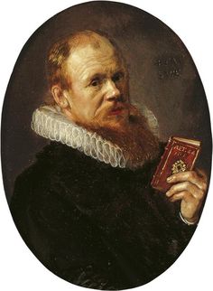 a painting of a man with a beard holding a book in his right hand and wearing a lace collar