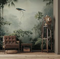 a living room scene with a chair and wall mural