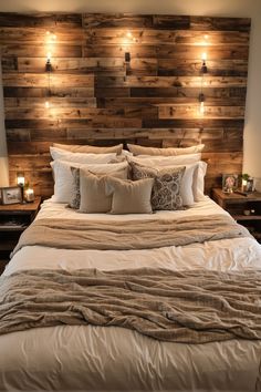 a bed with wooden headboard and lights on the wall above it, along with two night stands