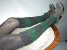 "knee High Boot Sock Striped Leg Warmer Forest Green Gray Stripe Knit Medium weight Sweater knit FOOTLESS Socks Can be pulled up high to show over boots or scrunched down low around ankle light -weight VACATIONHOUSE Fine Quality Hats, Beanies, Leather Jewelry, Leather Hair Wraps & Accessories. Luxury Fibers & Italian Leathers www.Vacationhouse.etsy.com Actual measurements Length 15\" high From Ankle to top Width at top edge 9\".. 17\" fully stretched 9\" around bottom edge unstretched Mo Stretch Knitted Knee-high Socks, Green Thigh-high Winter Legwear, Green Thigh-high Legwear For Winter, Green Thigh High Legwear For Winter, Fitted Green Knee-high Socks For Winter, Fitted Green Legwear For Winter, Black Leather Cuff Bracelet, Leg Warmer, Better Style