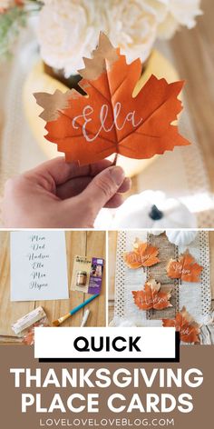 DIY leaf place cards. Leaf Place Cards Thanksgiving, Diy Thanksgiving Place Cards Kids, Fall Leaf Place Cards, Diy Place Settings Thanksgiving, Thanksgiving Table Place Cards Diy Kids, Thanksgiving Table Seating Ideas, Name Cards For Thanksgiving Dinner