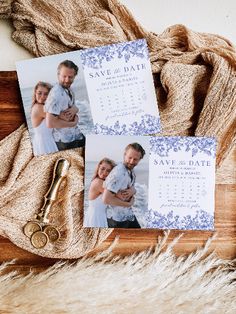 wedding save the dates cards on a wooden tray