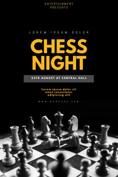 chess night flyer with black and white chess pieces