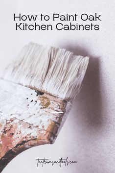 a paintbrush with the words how to paint oak kitchen cabinets written on it in white